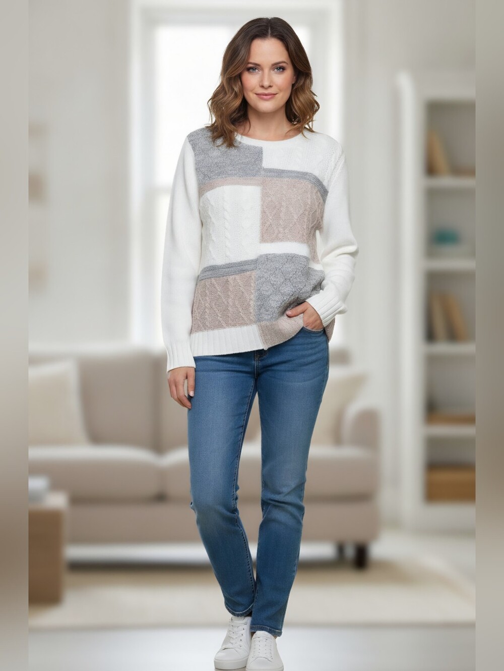Alfred Dunner Cream Cable-Knit Colorblock Sweater with Gray and Tan Panels